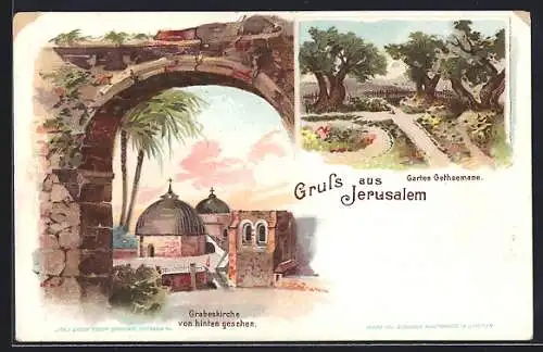 Lithographie Jerusalem, Garten Gethsemane, Grabeskirche von hinten gesehen