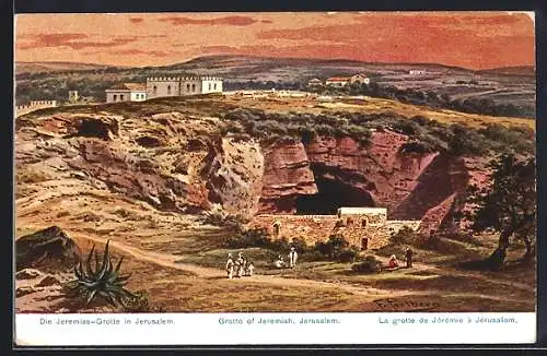 Künstler-AK F.Perlberg: Jerusalem, Jeremias-Grotte mit Passanten