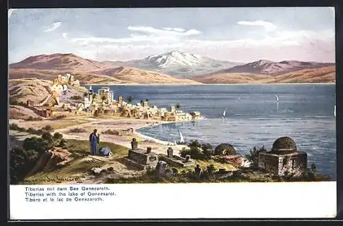 Künstler-AK F.Perlberg: Tiberias, Panorama mit dem See Genezareth