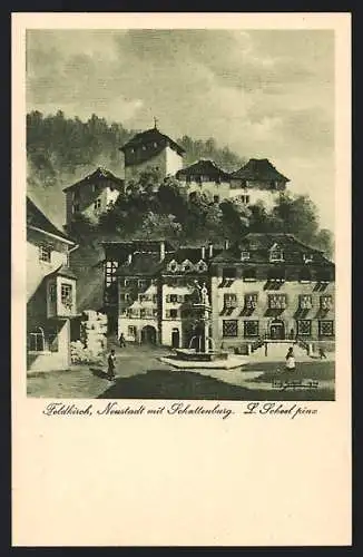 Künstler-AK Feldkirch, Neustadt mit Schattenburg