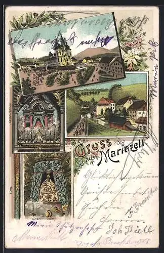 Lithographie Mariazell, Wallfahrtskiche mit Gnadenmutter im Inneren