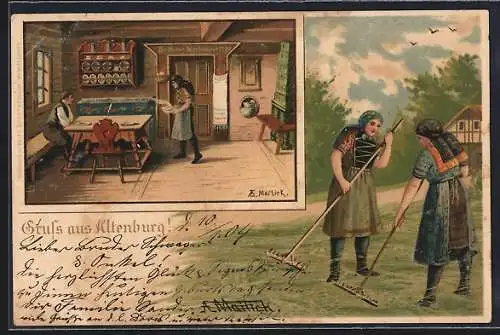 Künstler-Lithographie Alfred Mailick: Altenburg, Bäuerinnen in thüringischer Tracht, Liebespaar in einer Bauernstube