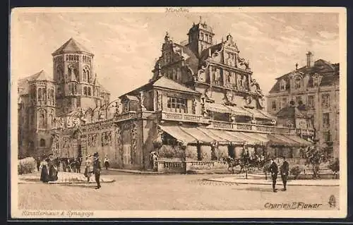 Künstler-AK Charles F. Flower: München, Künstlerhaus und Synagoge