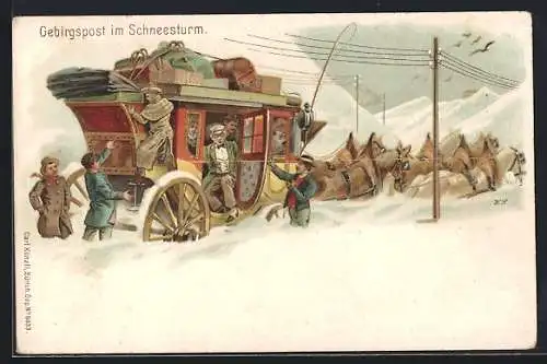 Lithographie Postkutsche kämpft sich durch tiefen Schnee