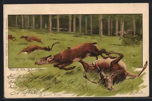 Künstler-Lithographie Alfred Mailick: Im vollen Trieb, Jagdszene