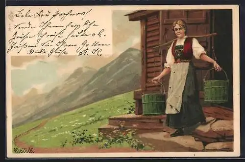 Künstler-Lithographie Alfred Mailick: Wasserholerin, Alpenmaid