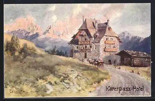 Künstler-AK Edward Theodore Compton: Karerpass, Karerpass-Hotel mit Strasse