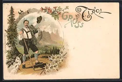 Vorläufer-Lithographie Gruss aus den Bergen, 1895, Bergsteiger in Lederhosen