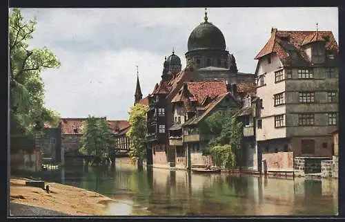 Künstler-AK Nürberg, Partie an der Insel Schütt, Synagoge