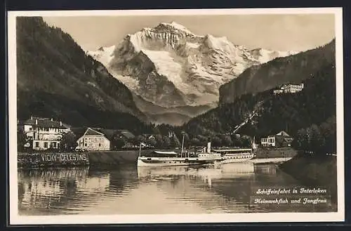 AK Interlaken, Schiffeinfahrt mit Heimwehfluh und Jungfrau