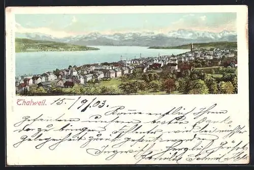 AK Thalwil, Blick auf Ort und Alpen