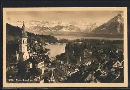 AK Thun, Ortspartie mit Blick zur Jungrau, Blümlisalp & Niesen