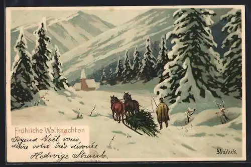 Künstler-AK Alfred Mailick: Winterliche Landschaft mit Kirche und Pferdeschlitten, Weihnachtsgruss