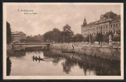 AK Budweis / Ceske Budejovice, Partie z Malse mit Booten