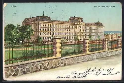 Lithographie Prag / Praha, Neue Kadetten-Schule, Panorama von der Strasse aus