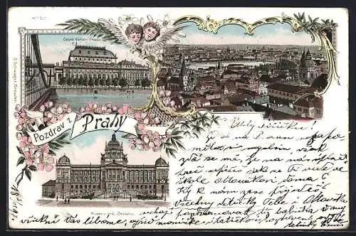 Lithographie Prag / Praha, Böhm. National-Theater, Museum des Königreichs Böhmen