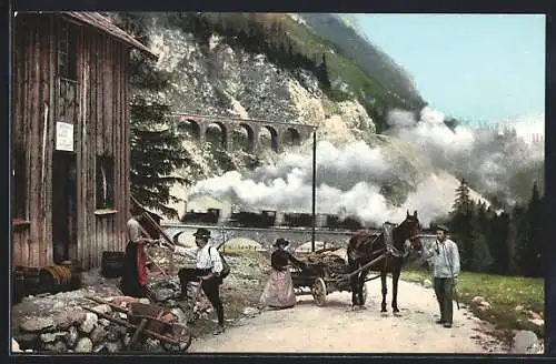 AK Bergün, Scene an der Albulabahn, Bauer mit Fuhrwerk