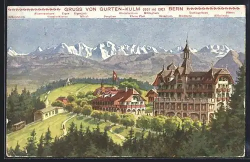 AK Gurten-Kulm, Hotel mit Umgebung und Gebirgswand