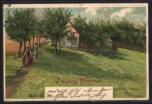 Künstler-AK Alfred Mailick: Fröhliche Pfingsten, Frauen auf dem Weg zu einem Haus in sommerlicher Landschaft