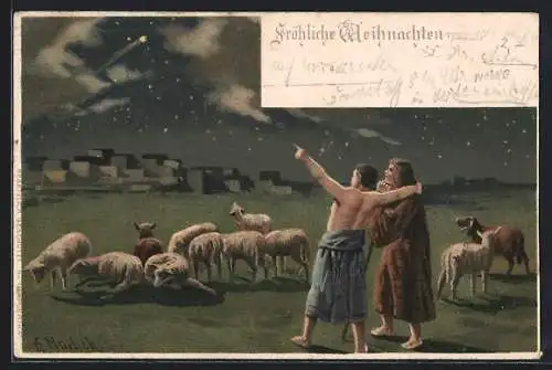 Künstler-Lithographie Alfred Mailick: Fröhliche Weihnmachten, Hirten sehen Stern von Bethlehem