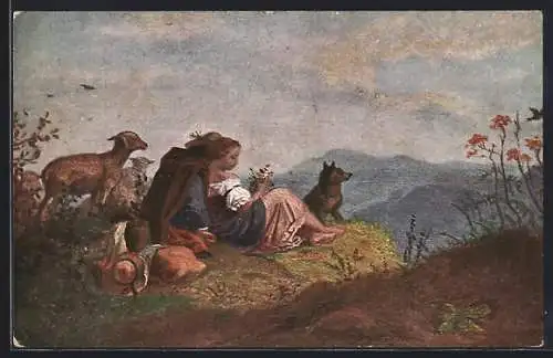 Künstler-AK Ludwig Richter: Schäferidyll, Schäfer mit seiner Geliebten auf dem Berg