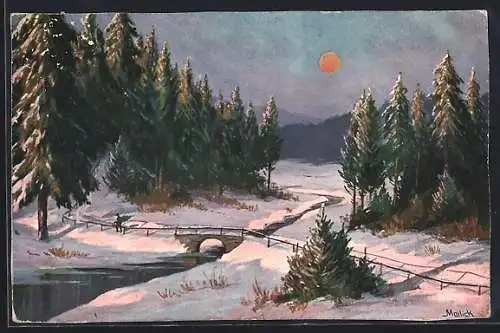 Künstler-AK Alfred Mailick: Winterliche Landschaft mit Tannen bei Mondschein