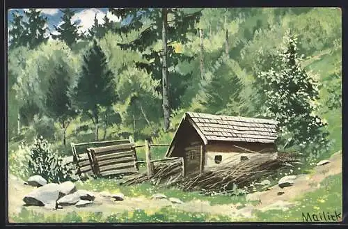 Künstler-AK Alfred Mailick: Holzhütte im Wald