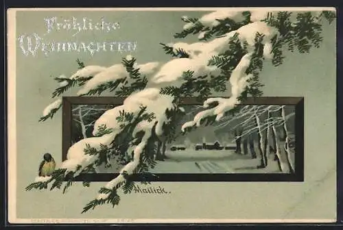 Künstler-AK Alfred Mailick: winterliche Landschaft, Meise sitz auf Tannenast