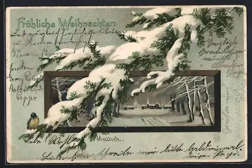 Künstler-AK Alfred Mailick: winterliche Landschaft, Meise sitz auf Tannenast