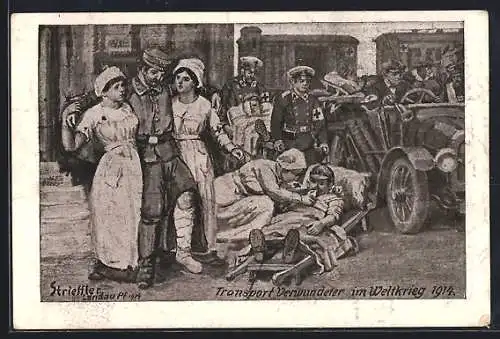 Künstler-AK sign. Strieffler: Transport Verwundeter im Weltkrieg, 1914, Rotes Kreuz