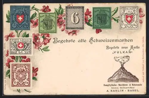 AK Schweiz, verschiedene Briefmarken mit Blumen dahinter