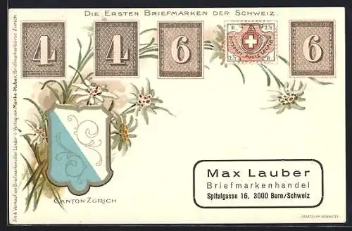 AK Canton Zürich, die ersten Briefmarken der Schweiz mit Wappen