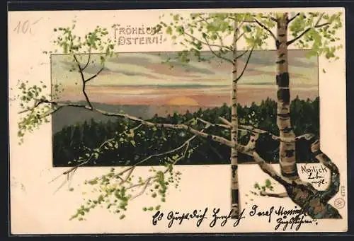 Künstler-AK Alfred Mailick: Fröhliche Ostern, Landschaftsbild mit Sonnenuntergang