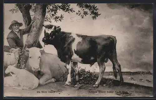 AK Bauer mit jungem Stier, Kuh und Schafen, gemalt von Paulus Potter