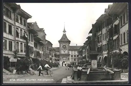 AK Murten, Strasse Hauptgasse mit Brunnen