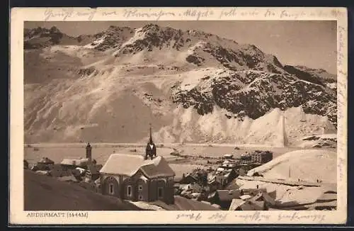 AK Andermatt, Ortspartie mit Kirche im Winter