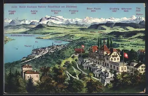 AK Rüschlikon am Zürichsee, Hotel Kurhaus Belvoir und Alpenpanorama mit Böser Faulen, Drusberg und Tödi