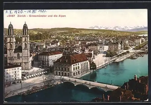 AK Zürich, Grossmünster und die Alpen