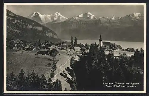 AK Sigriswil, Blick vom Tschingel auf den Ort, Eiger, Mönch und Jungfrau