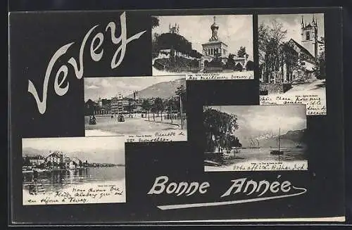 AK Vevey, Place du Marché, Eglise St. Martin, La Tour et Dents du Midi