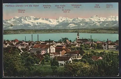 AK Pfäffikon /Zürich, Teilansicht und die Alpen, Glärnisch, Tödi und Bifertenstock