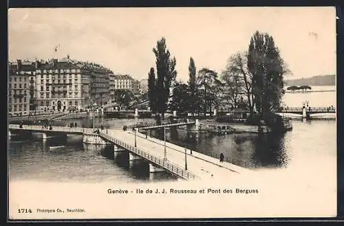 AK Genève, Ile de J. J. Rousseau et Pont des Bergues