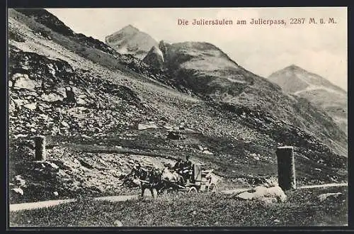 AK Julierpass, Juliersäulen mit Pferdewagen