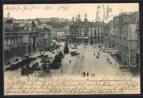 AK Zürich, Bahnhofsplatz mit Strassenbahn