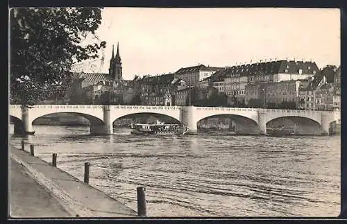 AK Basel, Uferpartie mit Kirche und Brücke