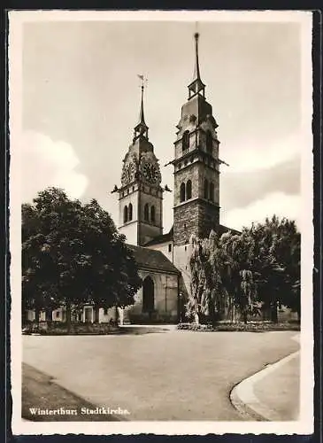 AK Winterthur, Stadtkirche mit Strassenpartie