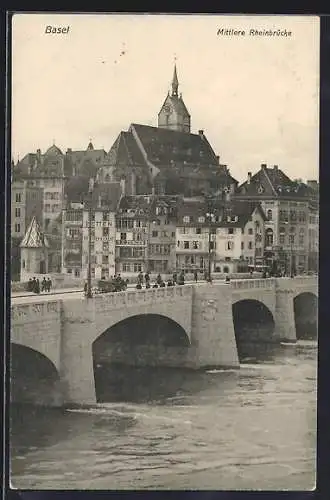 AK Basel, Mittlere Rheinbrücke mit Buchdruckerei R. G. Zbinden und Confiserie Koch