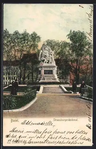 AK Basel, Strassburgerdenkmal mit Passanten