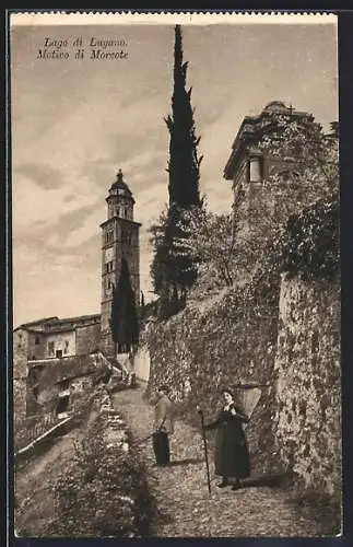 AK Morcote /Lago di Lugano, Strassenpartie mit Blick zum Kirchturm