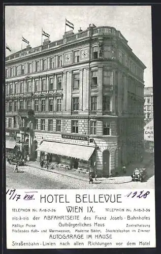 AK Wien, Hotel-Café Bellevue, gegenüber vom Franz Josefs-Bahnhof